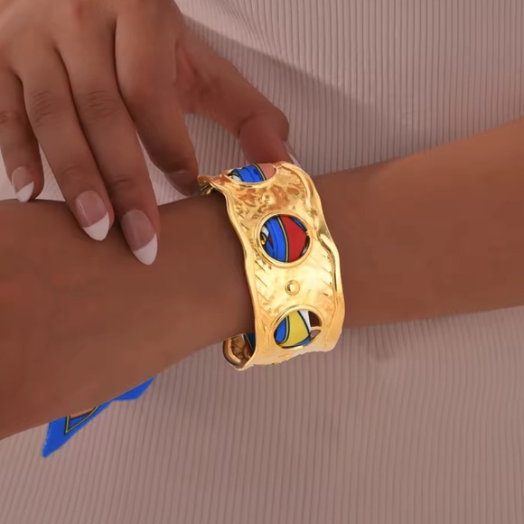 Retro Cuff 18K Gold Stainless Steel Silk Blue Scarf Bracelet - Picture 3 of 5